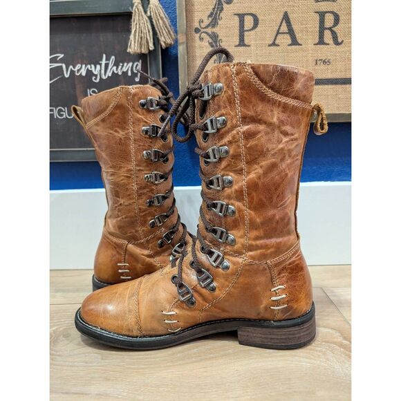 Bed Stu Medallion Lace Up Combat Moto Boots Women’s 8.5 Tan Leather Mid Calf - Picture 7 of 12